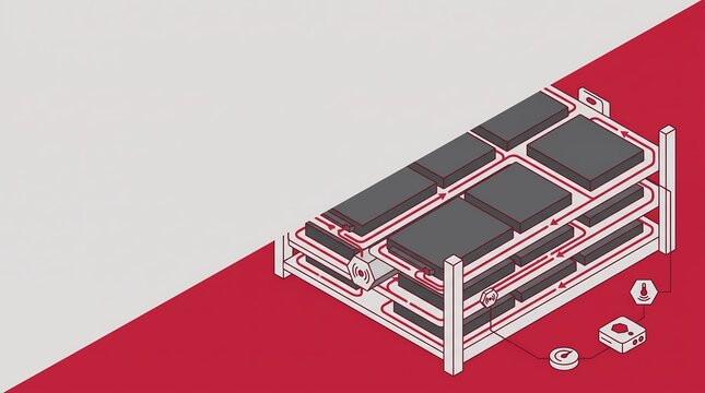 battery pack, thermal management system, liquid cooling loop circulating around energy storage modules. An isometric flat design digital drawing illustration of industrial technology with a large left