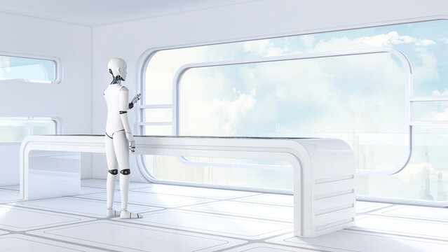 Roboter working in futuristic room, 3D Rendering