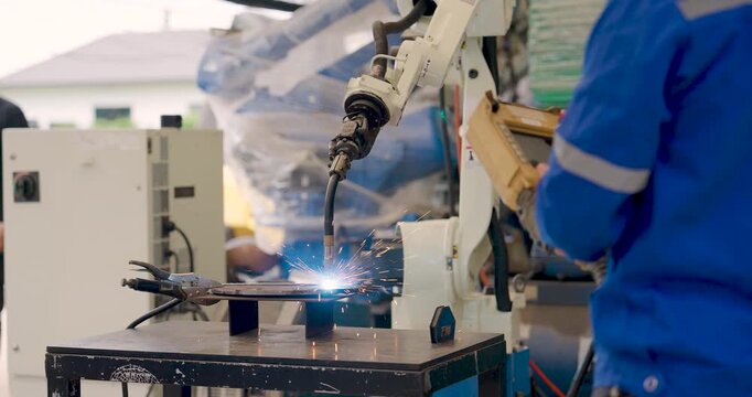 Industrial robotic arm welds metal component as adult male technician operates handheld controller nearby, monitoring bright sparks during automated fabrication process inside manufacturing workshop.