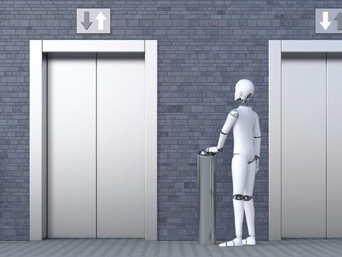 Robot standing in front of elevator