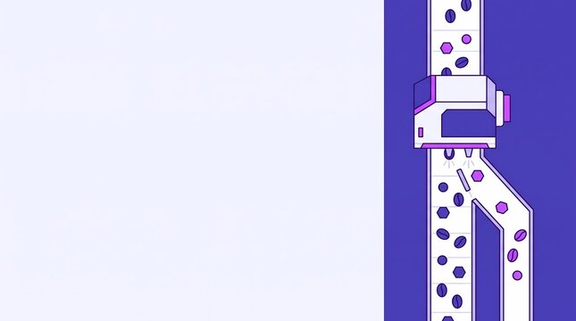 optical sorting machine, camera sensor, diverter valve separating materials in an industrial chute. A flat design digital drawing illustration of automated quality control with a large left copy space