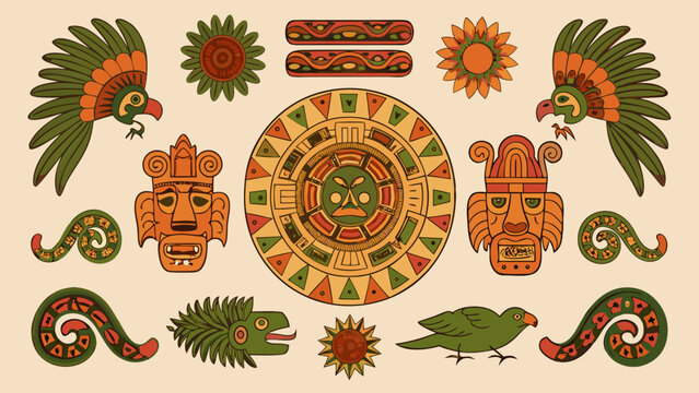 ancient mayan symbols colorful vector set calendar sun face bird snake flower ornament pattern illustration design art
