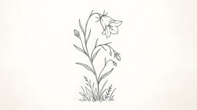 Minimalist black ink line drawing of delicate bellflower botanical.