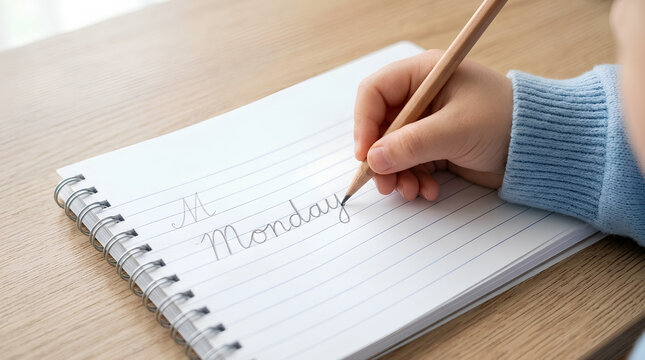 Child Writing Word Monday in Cursive on Lined Spiral Notebook Close Up Education Concept