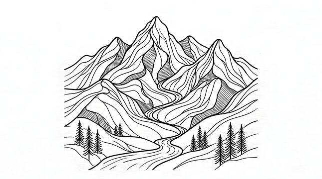 Minimalist mountain range line art illustration in black and white.