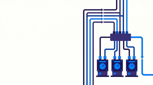 pipeline system, distribution manifold, industrial flow meters regulating fluid or gas. A flat design digital drawing illustration of process control automation with a large left copy space.