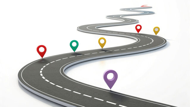 Winding road with colorful location map pins representing travel goals and journey progress