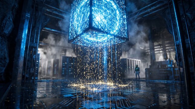 Sci Fi Glowing Blue Energy Cube Hovering In An Underground Tech Facility With Falling Sparks