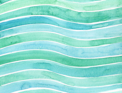 Abstract watercolor background features blue and green wavy lines