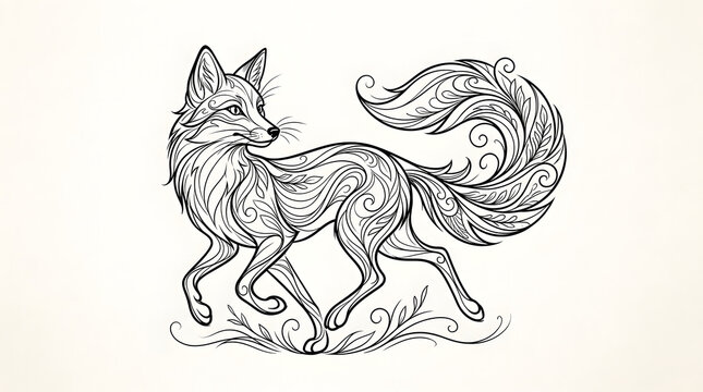 Stylized ornamental fox line art illustration for coloring book.