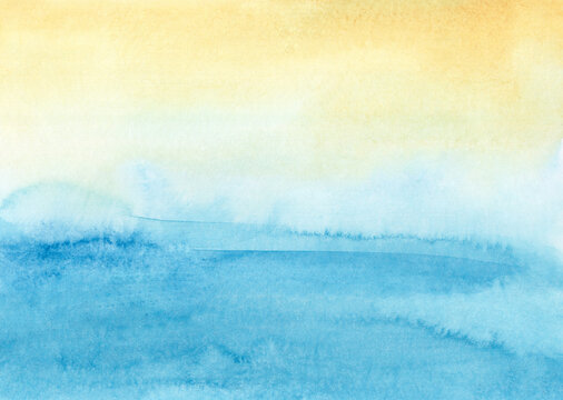 Abstract watercolor painting shows a beach and ocean landscape