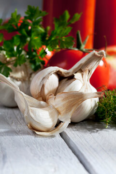 Garlic and herbs, close up