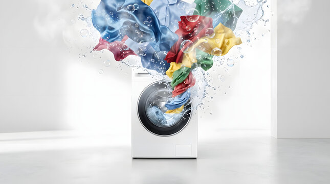 Front load washing machine with colorful laundry splashing out.