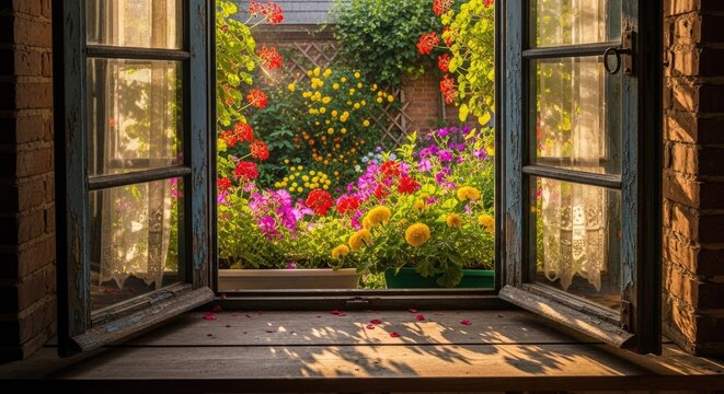 Rustic window view into a colorful sunlit cottage garden.
