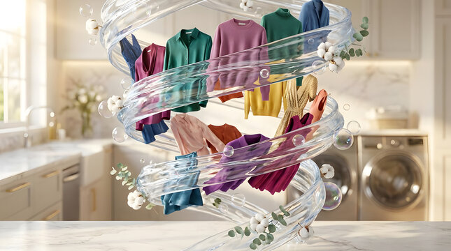 Vibrant sweaters spiraling in water vortex laundry room.