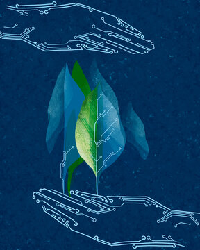 Digital hands protecting green leaves for sustainable technology
