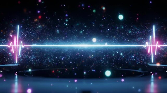 Futuristic landscape with glowing energy line flowing through dark sci fi environment at night