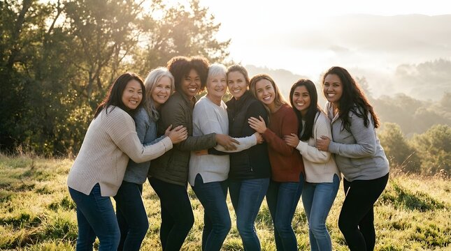 Diverse group of women of different ages and ethnicities embracing outdoors in a sunny landscape