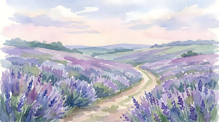Obraz premium Watercolor painting of lavender fields in rolling countryside landscape.