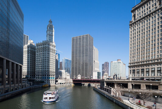 United States, Illinois, Chicago, View of Excursion ship on Chicago River