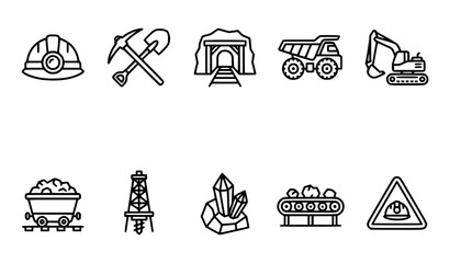 Fototapeta premium Mining Industry Line Icons Set Black and White Minimal Outline SVG Vector Collection