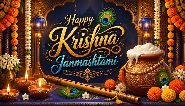Happy krishna janmashtami celebration with traditional items