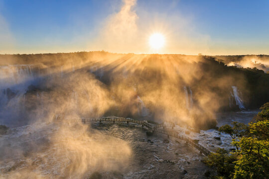 South America, Brazil, Parana, Iguazu National Park, Iguazu Falls against the sun
