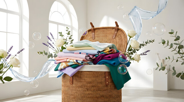Wicker laundry basket with colorful clothes lavender and soap bubbles.