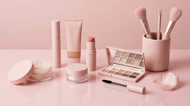Set of professional makeup cosmetics and beauty brushes on a soft pastel pink background for skincare. beginner makeup guide