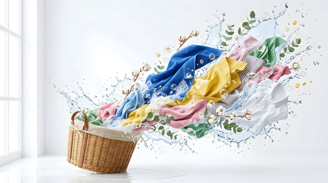 Wicker laundry basket with colorful clothes splashing in water.
