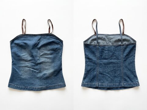 Front and back view of a blue denim tank top on a white background.