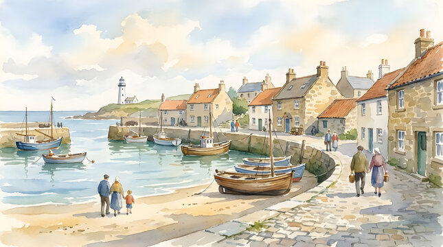 Watercolor painting of seaside harbor town with boats.