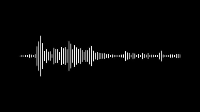 White digital audio waveform animation, smooth sound wave spectrum loop, cinematic music visualizer for streaming.music sound wave animation on black background.4k video