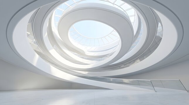 A low angle view of a modern architectural spiral staircase inside a bright white minimalist building interior