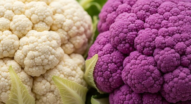 Fresh raw white and purple cauliflower vegetable heads close up with cauliflower