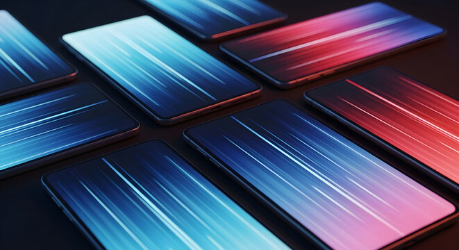 Modern smartphones with glowing neon abstract light streaks on display screens arranged in a symmetrical pattern on a dark background