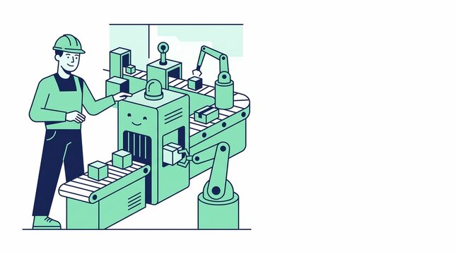factory worker, robotic arm, automated assembly line with a conveyor belt in a smart factory. A friendly flat design digital drawing illustration of green manufacturing technology with a large right c