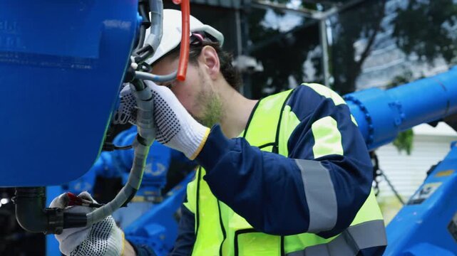 Male robotics engineer knowledge skills inspect electrical systems power supplies and sensors welding robots various points ensure quality welding robot before performing full electrical system test.
