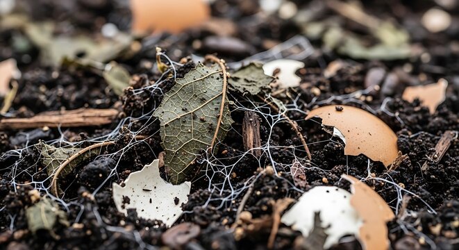 Organic composting waste with egg shells and decaying leaves in rich garden soil