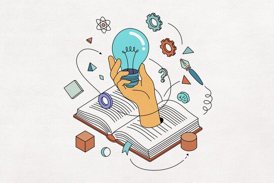 Hand holding lightbulb emerging from open book symbolizing education