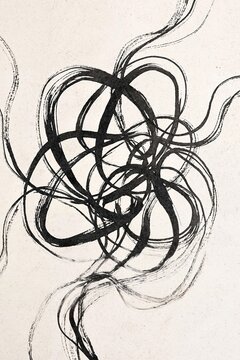 A black ink line forms a chaotic knot on a textured white background