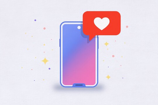 A digital smartphone displays a red heart notification icon