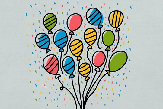 A colorful balloon illustration shows a festive party with confetti