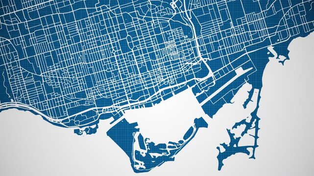Ink reveal animation of Toronto, Ontario (ON), Canada grid map. Aerial top view. Blueprint style. White lines with blue background. 4K Seamless loop.