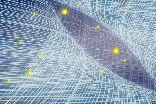 Abstract digital network displays glowing nodes and curved grid lines