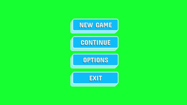 GAMING UI stacked 3D cyan buttons with New Game, Continue, Options, and Exit on green screen background. Minimalist game menu overlay element.