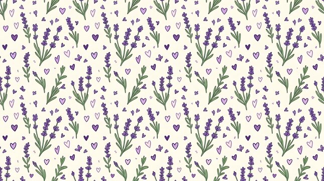 Seamless pattern with lavender sprigs and hearts on light background
