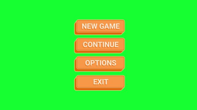 GAMING UI stacked 3D orange buttons with New Game, Continue, Options, and Exit on green screen background. Minimalist game menu overlay element.