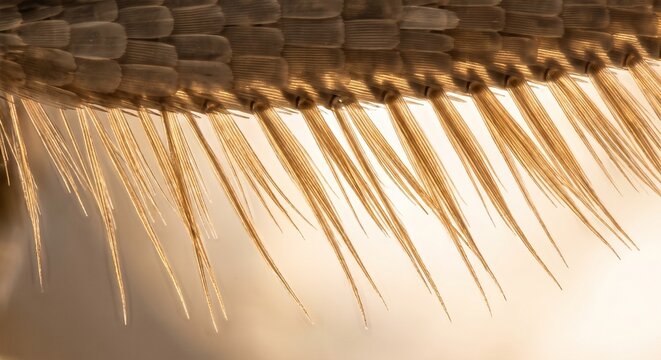 Backlit golden fringe hairs on the wing edge of a clothes moth