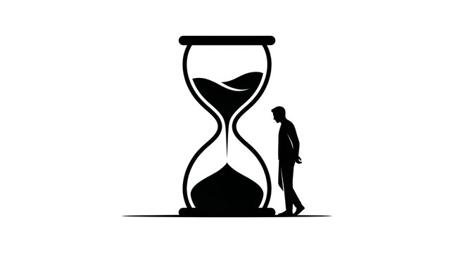 A lone figure stands beside a giant hourglass, contemplating the relentless flow of time and the inevitable passing moments, symbolizing pressure, stress, and the urgency of life's fleeting nature